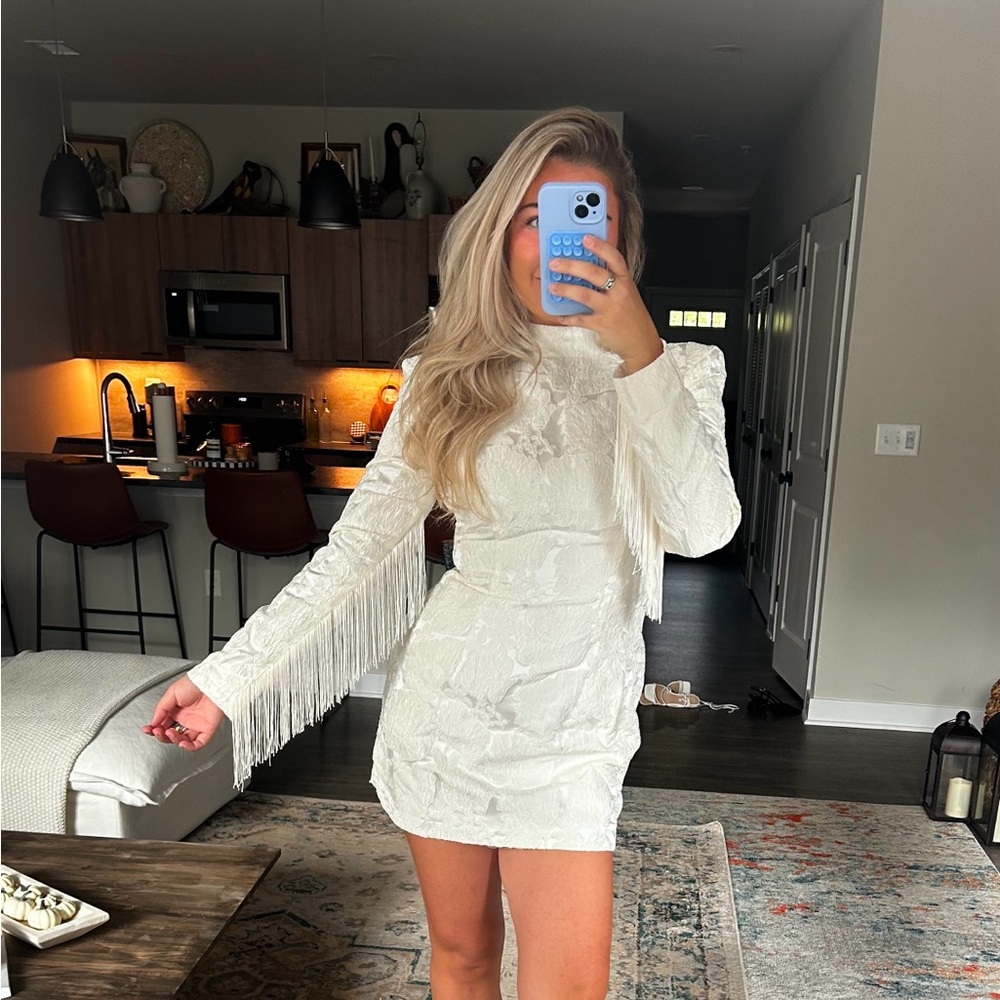 Ivory Long Sleeve Lace Fringe Mini Dress with Lace Up Back